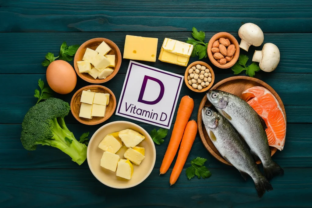 Vitamine D-rijke voeding: vis, eieren, kaas, wortels, broccoli, champignons, soja en noten op houten tafel.